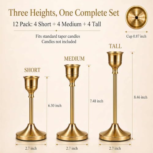 Brass Gold Taper Candle Holders Set of 24PCS, Vintage Metal Candlestick Holders with Anti-Slip Pads, Perfect for Table Centerpiece/Mantel/Party/Wedding/Christmas/Shabbat/Home Decor - Image 3