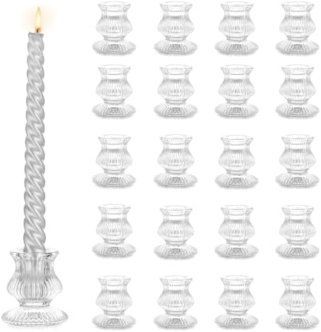 Hewory Glass Taper Candle Holders: 20PCS Clear Candlestick Holders, Ribbed by Hewory