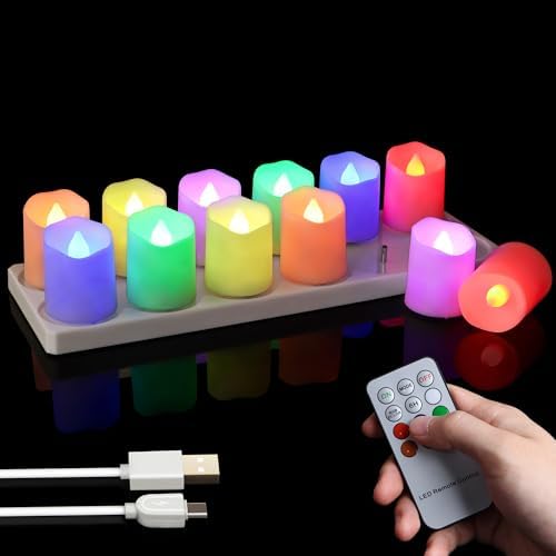 12pcs Rechargeable Flameless Tea Lights RGB with Charging Base and Remote Timer, Color Changing Flickering Electric LED Votive Fake Candles, USB Cable Included by Sanmli