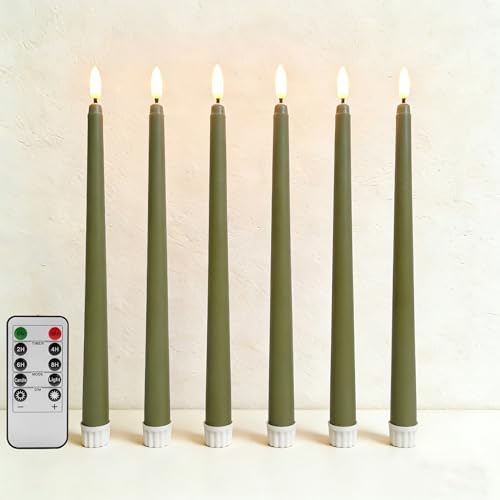 Olive Green Flameless Taper Candles with Remote Timer Set of 6 by Ni-JASW