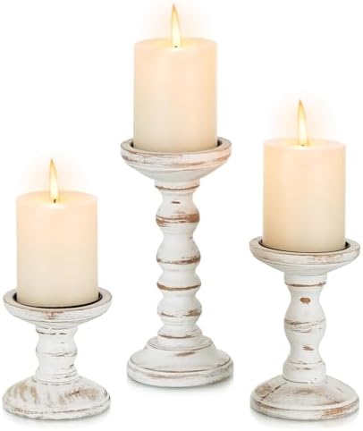 Romadedi Wood Candle Holders for Pillar, Whitewashed, Set of 3 by ROMADEDI