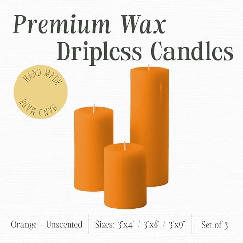 Mister Candle Unscented Dripless Pillar Candles Set of 3, Hand Poured 3 Inch Candles, Premium Wax, Decorative Pillar Candles, (3" x 4", 3" x 6", and 3" x 9", Orange) - Image 2