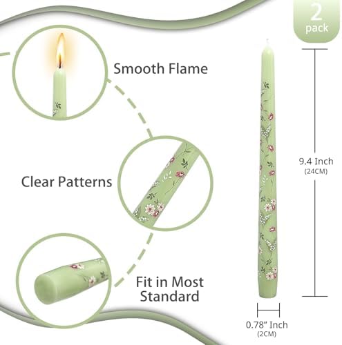 NJAO HOO Flower Candlesticks 10 in Straight Taper Candles Hand Printing Colored Green Candlesticks Floral Tall Tapered Candle for Spring Home Garden Decor Simple Modern, 2Pcs - Image 3