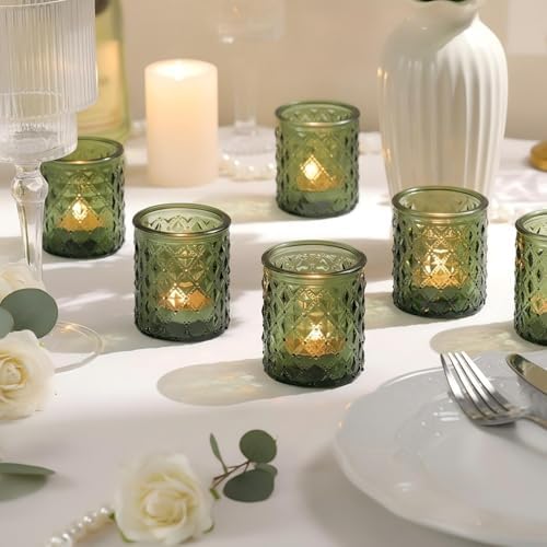 20 Pack Green Votive Candle Holders, Green Glass Candle Holder for Wedding Table Centerpiece, Glass Tea Lights Candle Holders for Baby Shower, Vintage Glass Candle Holders for Party Home Decor - Image 4