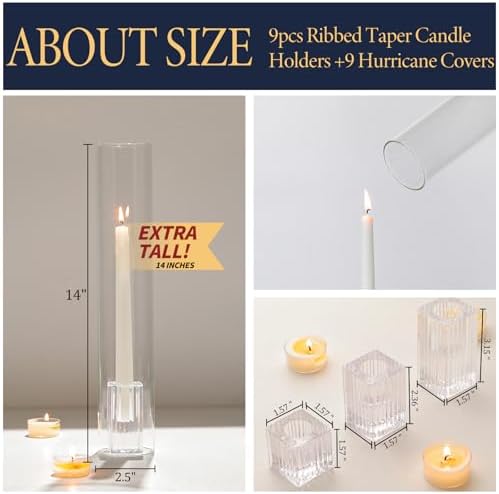 LETINE Hurricane Candle Holders with Ribbed Taper Candle Holders Set of 9(14") - Clear, Windproof & Elegant Candle Holder with Glass Cover for Wedding Centerpieces, Events & Home Decor - Image 3