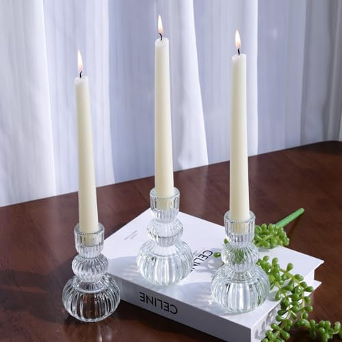 Woho 3pcs Clear Taper Candle Holders 4.3" H, Ribbed Candlestick Holders by Woho