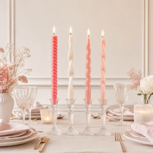 4 Pack Twisted Taper Candles Unscented Dripless Spiral Candlesticks Smokeless Swirl Wax Colorful Decorative Candle Sticks for Wedding Dinner Party Home Decor (Pastel Pink White, 9.7 inch) - Image 3