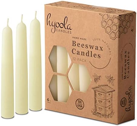 Hyoola 4" Beeswax Taper Candles 12 Pack - Handmade, All Natural, 100% Pure Unscented Bee Wax Candle - Tall, Decorative, White 4 Hour Burn Time by Hyoola