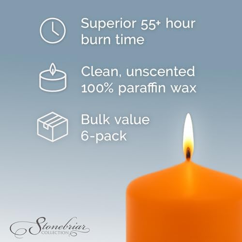 Stonebriar Unscented Pillar Candles – 65 Hour Burn Time, Long-Lasting Wax Candles for Weddings, Holidays, Home Décor & Special Events, Pack of 6, Orange, 3" x 6" - Image 3