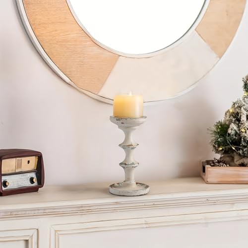 Pillar Candle Holder, 1 Pack Wooden Candlestick Holder for Pillar Candles, 8.2 Inch Distressed White Tall Candle Holder, Rustic Farmhouse Mantel Decor for Fireplace, Living Room, Dining Table - Image 4