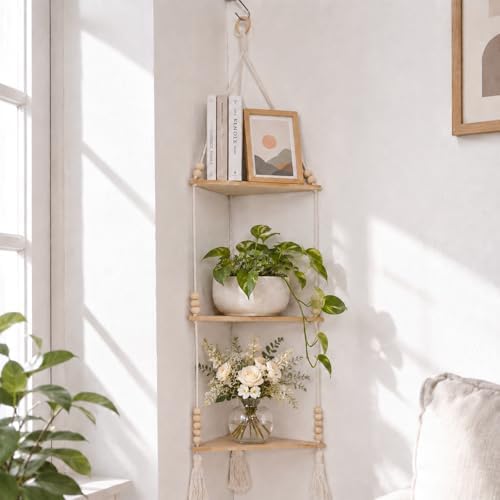 Artilady Macrame Corner Shelf Wall Hanging 3-Tier Adjust Boho Storage Decor by Artilady