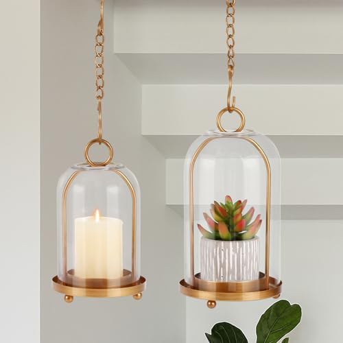 Vintage Brass Metal Candle Lantern with Thick Glass Dome Set of 2 - Image 6