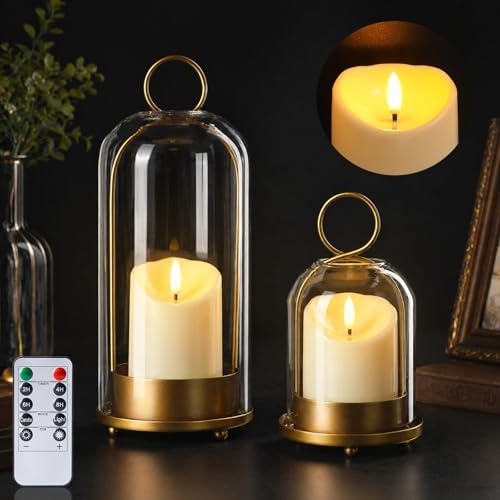 Brass Hurricane Handmade Sturdy Glass Dome Candle Holders with Glass Cover, Set of 2 Flameless Battery Operated LED Pillar Candles and Remote, Elegant Cloche Lantern for Modern Table Centerpiece by Busplhe
