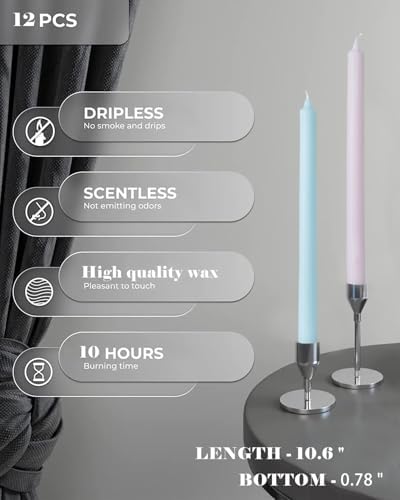 Colored Taper Candles Set of 12 Unscented, Dripless, Smokeless Long Tall Tapered Candlesticks Wedding Advent Home Decor Dinner Christmas-Natural Color Series-10.6 Inch - Image 3