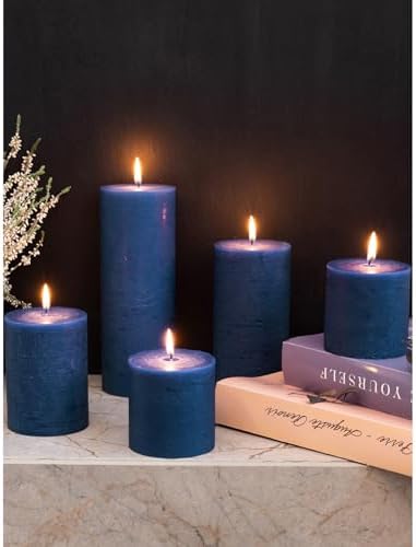 CANDWAX Assorted Pillar Candles Set of 3 – Sizes 3", 4", 8" Unscented Dripless Large Candles, Rustic Style Long Burning for Weddings, Decor – Dark Blue - Image 6