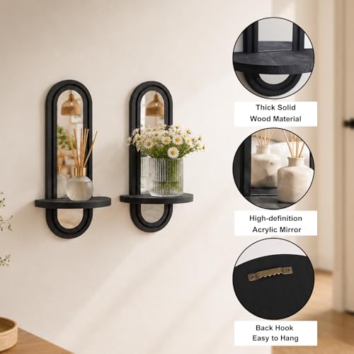 Artilady Floating Shelves with Arched Mirror, Black Boho Wall Decor Storage - Image 4