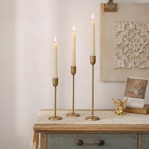 Perfnique Brass Candlestick Holders Set of 3 - Antique Gold Iron Candle Holders for Christmas, Birthday, Wedding, Party, Dining Table, Fireplace Mantel Decor - Image 4