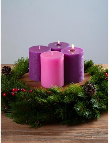 CANDWAX 3x4 Inch Advent Pillar Candles Set of 4 - Long Burning Dripless Unscented Pillar Candles - Rustic Style for Advent Wreaths, Christmas Décor - 3 Purple and 1 Pink Pillars - Image 4
