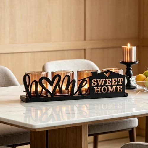 Amber Glass Candle Holder with Farmhouse Wood Tray, Sweet Home Tealight Holder Centerpiece for Dining Table, Rustic Metal Sign Votive Tray for Fireplace Mantel Living Room Decor Housewarming Gift - Image 3
