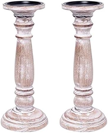 Hosley Farmhouse Wood Pillar Candle Holders Set of 2 – 12” Distressed Finish Tall Candlesticks for Table Centerpieces, Living Room, Wedding & Rustic Home Décor by HOSLEY