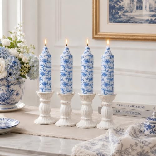 NJAO HOO Floral Taper Candles 5 Inch Short Candlesticks Hand Printed Blue and White Floral Candlesticks Unscented Tapered Candle Set for Spring Home Garden Decor, 4Pcs - Image 5