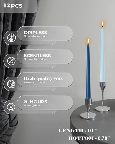 10 Inch Blue Taper Candles-Dripless Unscented Tapered Candle Smokeless Candlestick Long Slow Burning 8 Hours Tall Sticks for Christmas Wedding Dinner Parties 12 Pack - Image 4