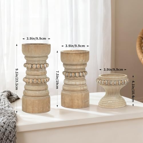 Rustic Natural Wood Candle Holders Set of 3, Farmhouse Beaded Wood Pillar Candle Holder, Candle Holders for Pillar Candles & Candlesticks, Candle Sticks Holder Decor for Table Centerpiece - Image 3