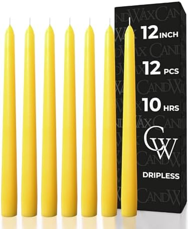 CANDWAX 12 inch Yellow Taper Candles Set of 12 - Unscented Smokeless Dripless Yellow Candles - Perfect for Home Décor, Special Occasions and Ordinary Dinners - Easter Candlesticks by CANDWAX