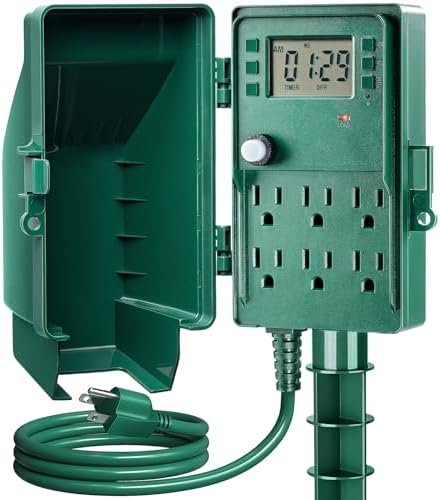 Outdoor Power Stake Waterproof, 7-Day Programmable Digital Timer by SURAIELEC