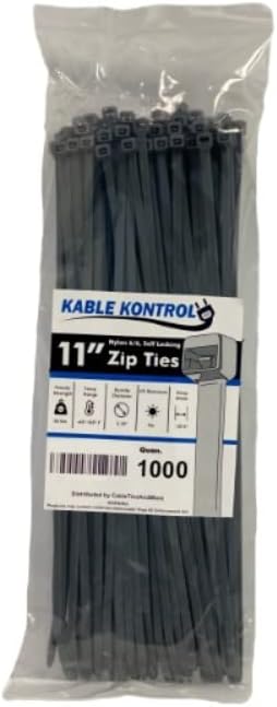 Kable Kontrol Gray Zip Ties 11 Inch 1000 Pcs, 50 Lbs Tensile Strength, Self-locking Nylon Colored Cable Ties Wire Wraps for Indoor or Outdoor Use