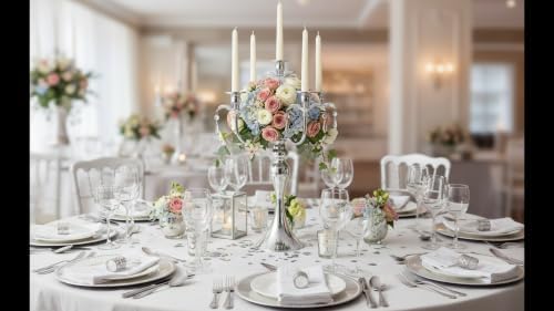 20.3'' Tall 5 Arm Silver Metal Candelabra Centerpiece for Table, Retro Table Centerpieces for Party, Events, Home, Wedding Decor (4) - Image 5