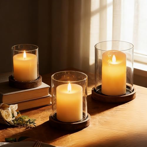 Set of 3 Glass Hurricane Candle Holders for Pillars with Vintage Natural Solid Wood Bases Crafted from Pine, Farmhouse Candlestick Holder, Centerpieces for Home, Garden, Table, Mantel, Wedding, Party - Image 4