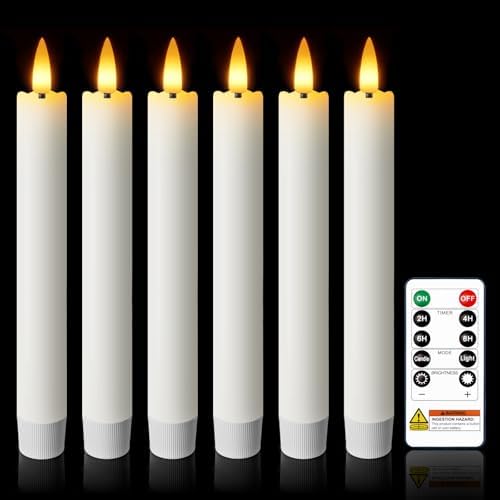7 Inches Dripless Flameless Taper Candles with Remote Timer Dimmer, Real Wax Battery Candlesticks, 3D Flame Fake Candlesticks for Home Wedding Christmas Decor, White, 6 Pcs by meigic
