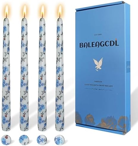 Print Taper Candles-Blue Floral Blend Pattern Unscented Candle Long 10-inch Flower Tapered Candlesticks for Family Gatherings Weddings Restaurant Holiday Decorations Set of 4 by YUKCAXDLS