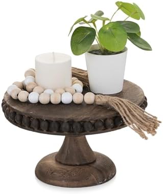 Hanobe Small Wood Cake Stand: Cupcake Pedestal Stand 8 inch Dessert Display Riser Distressed Rustic Round Cakes Holder Tray Vintage Beads Wooden Plate for Wedding Birthday Decor by Hanobe