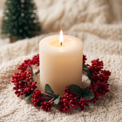 Daifunli 2 Pcs Christmas Red Berry Candle Ring Artificial Winter Red Berry Wreaths Candle-Ring for Pillar 4.25 Inch Candles Holder for Winter Christmas Country Wedding Kitchen Table Centerpiece Decor by Huiinen