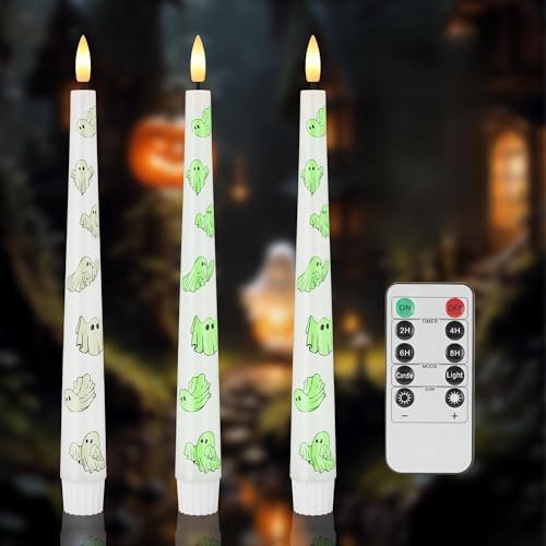 Halloween Flameless Taper Candles with Ghosts, 9.6" Battery Operated Candle by AFINETH
