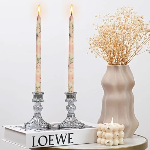NJAO HOO Flower Candlesticks 10 in Straight Taper Candles Pink Hand Printing Daisy Candlesticks Floral Tall Tapered Candle for Home Garden Decor Simple Modern, 2Pcs - Image 5