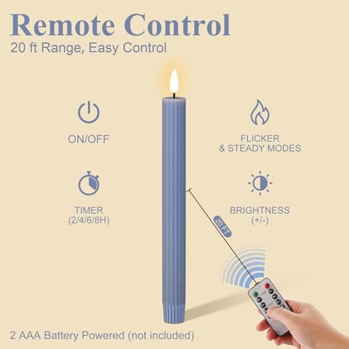 Dusty Blue Ribbed Flameless Taper Candles with Remote Set of 4 - Image 4