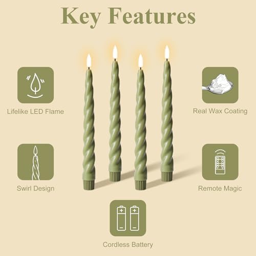 Sage Green Spiral Flameless Taper Candles with Remote Set of 6 - Image 3
