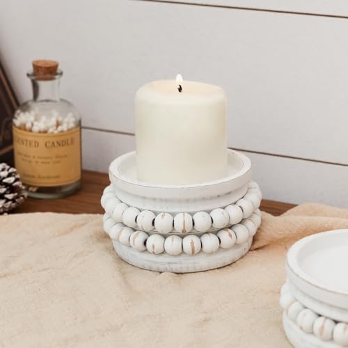 NIKKY HOME Farmhouse Beaded Wooden Pillar Candle Holders Set of 2, White - Image 5