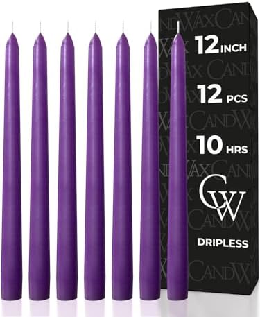 CANDWAX 12 inch Purple Taper Candles Set of 12 - Unscented Smokeless Dripless Tapered Candle Sticks - Taper Candlesticks for Special Occasions and Ordinary Dinners - Purple Tapered Candles by CANDWAX