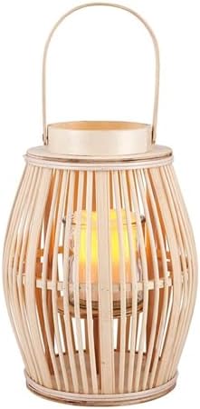 47th & Main Bamboo Hurricane Lantern with Handle Woven Natural Rattan Boho Hanging Candle Holder for Patio, Yard, Home Décor, Small, Blonde by 47thMain