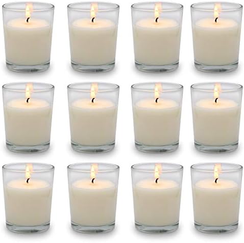 Set of 12 White Votive Candles Clear Glass Filled Unscented Soy Wax Candle for Home Décor Spa Weddings Birthday Holidays Party and DIY by SCEN
