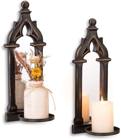 Black Gothic Candle Sconces Set of 2 with Real Mirror by Walasis