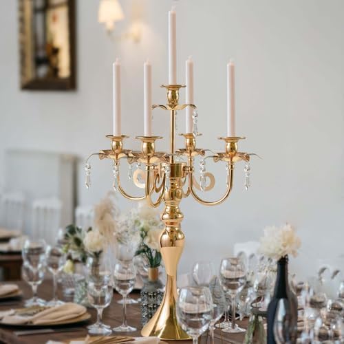 20.3'' Tall 5 Arm Gold Candelabra Centerpiece for Table, Metal &Crysyal Candle Holder, Retro Candelabra/Candlestick Table Centerpieces for Party, Events, Home, Wedding Decor (1pc, Gold) - Image 3
