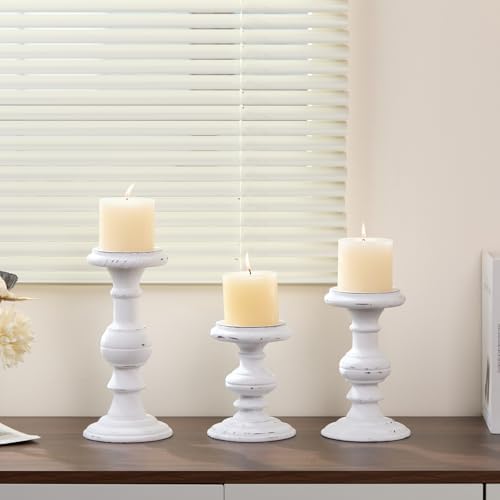 Set of 3 Rustic White Wood Pillar Candle Holder - Image 5
