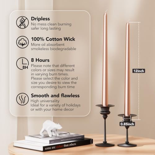 New Burning Formula Unscented Dripless 12-Inch Taper Candles Set of 12 - Rose Gold, for Wedding, Dinner - Smokeless, Long Burning - Hand Poured, Colored Tall Candlesticks - Oro Rosa - Image 2