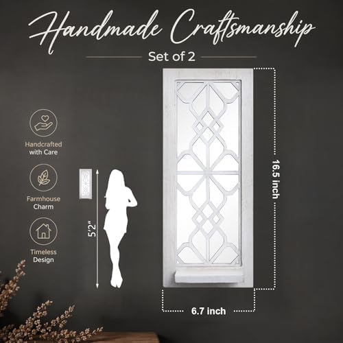 ZEXUIRU 2 Set Rustic Candle Sconces Living Room Bedroom Entryway Wood Mirrored, Farmhouse, Carved Frame Wall-Mount Wooden Candle Holders Wall Decor Hanging Handmade Holder - Distressed White - Image 4