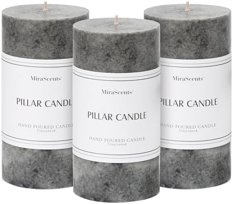 3x6 Inch Grey Pillar Candles Set of 3, Hand-Poured Unscented Pillar Candles by MiraScents